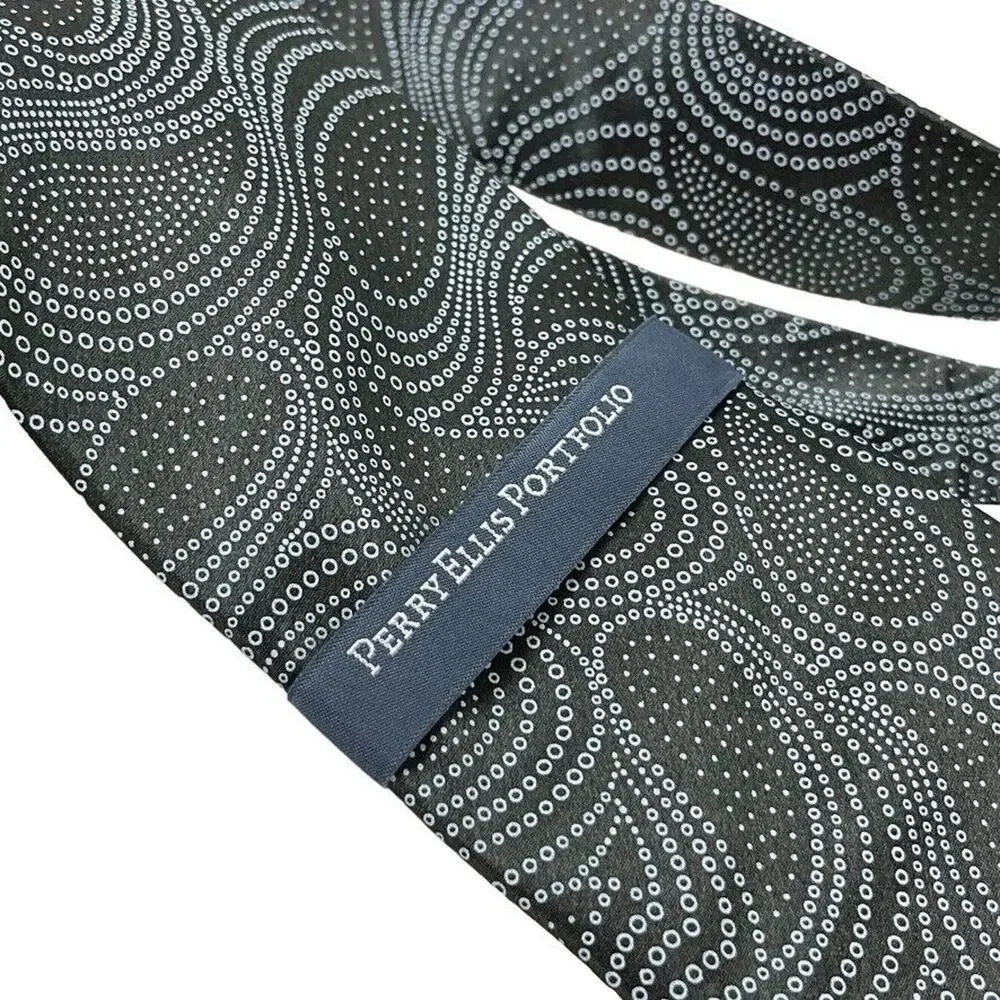 Perry Ellis Portfolio Mens Gray Olive Paisley 100% Silk Hand Made Necktie Tie